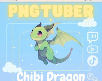 May include: A green chibi dragon with pink cheeks and a yellow background. The text "PNGTUBER" is at the top of the image, and the text "Chibi Dragon" is at the bottom of the image. The text "WITH TALK & BLINK EFFECTS" is below the text "Chibi Dragon".