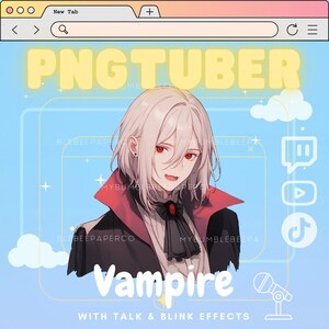 May include: A digital illustration of a vampire with white hair and red eyes. The vampire is wearing a black suit with a red collar and a black bow tie. The background is a light blue with white clouds and stars. The text "PNGTUBER" is at the top of the image, and the text "Vampire" is at the bottom of the image. The text "WITH TALK & BLINK EFFECTS" is below the word "Vampire".