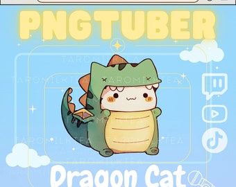 May include: A cartoon illustration of a white cat wearing a green dragon costume. The cat is standing on a blue background with clouds and stars. The text "PNGTUBER" is at the top of the image, and the text "Dragon Cat" is at the bottom of the image. The text "WITH TALK & BLINK EFFECTS" is below the text "Dragon Cat".