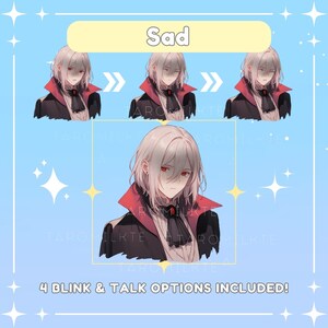 May include: A digital illustration of a young man with white hair and red eyes. He is wearing a black coat with a red collar and a white shirt. The image is labeled "Sad" and includes the text "4 BLINK & TALK OPTIONS INCLUDED!"