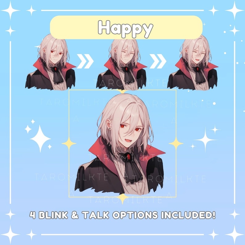 May include: A digital illustration of a young man with white hair and red eyes. He is wearing a black coat with a red collar and a white shirt. He has a happy expression on his face. The image is labeled "Happy" and includes the text "4 BLINK & TALK OPTIONS INCLUDED!"