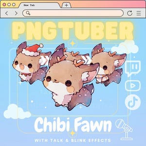 以下が含まれることがあります： PNGTuber チビ・フォーン、話す効果とまばたき効果付き。クリスマスのテーマのアクセサリーをつけた、漫画のフォーンのキャラクターが3人。真ん中のフォーンは赤と白のサンタの帽子をかぶっています。左のフォーンは赤と白のストールをしています。右のフォーンは青と白のストールをしています。