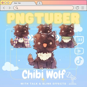 以下が含まれることがあります： PNGTUBERロゴに「Chibi Wolf」というテキストと「WITH TALK & BLINK EFFECTS」という単語が表示されています。青い背景に白い雲が描かれた背景に、異なる色のスカーフとアクセサリーをつけた3つの漫画の狼のアバターが表示されています。