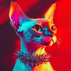 Steamwave Spiked Choker Sphynx Katze Digitale Postkarte - Cyberpunk Tierästhetik, Alt Goth AI Kunst, digitaler Download, Journals, Wanddekor