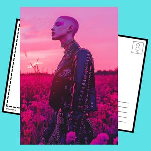 Cartão postal digital com borda crua e glitter neon vibrante - Arte ousada - Flores silvestres, pôr do sol - Para impressão - Download - Ideia de presente única