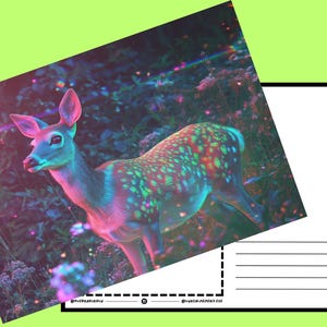 Neon Reh in Wildblumen – Digitale Postkarte eines Verträumten Pastellwaldes, AI-generierter ästhetischer Druck, Journale, Wanddekor