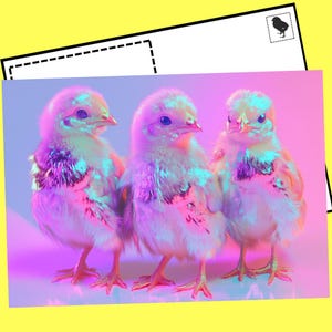 Carte postale numérique néon pastel poussins – art mignon poussin vibrant, téléchargement, oiseau duveteux coloré, carte de voeux animal, impression oiseau kawaii