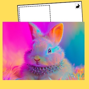 Postal digital de conejito rosa neón Vaporwave: arte de conejito kawaii, descarga de estética animal adorable, papelería imprimible en pastelcore, decoración