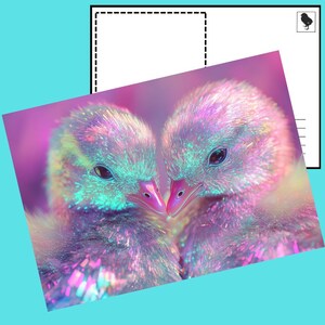 Niedliche Neon Baby Vögel digitale Postkarte - AI Fantasy Tierdruck, verträumte Regenbogenfedern, pastellästhetische digitale Kunst zum Download