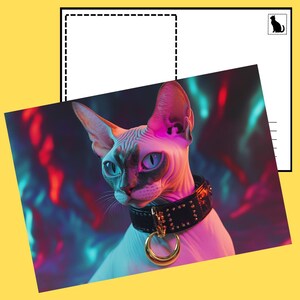 Cartão postal digital Vaporwave Mystical Sphynx Cat – Arte de gato pastel gótico com IA, impressão de animais com estética cibernética, decoração de bruxaria kawaii, diários