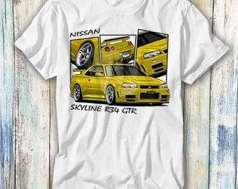 Nissan Skyline R34 Collage Geel JDM Auto T Shirt Meme Gift Funny Top Tee Style Unisex Gamer Film Muziek 1076
