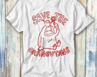 May include: White t-shirt with a red graphic of an orangutan holding a flower and a smaller orangutan. The text "Save the Orangutans" is written in red.