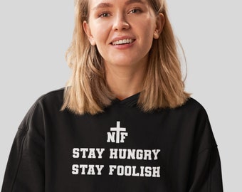 Stay Hungry Stay Foolish, Steve Jobs Famous Quote czarna bluza z kapturem unisex, Newtral Fashion, odzież neutralna pod względem płci, inspirująca bluza