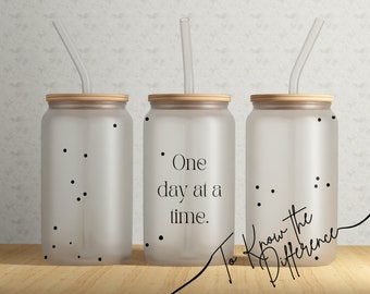 One Day At A Time Glass Can Cup, Bamboo Lid, AA Al-Anon Gift