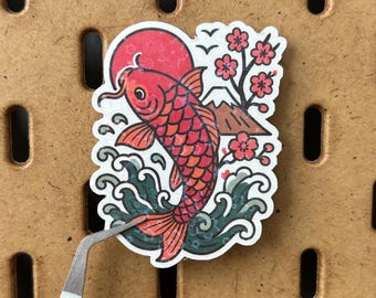 Holographic Koi Fish Sticker: Waterproof Vinyl Cherry Blossom Sticker