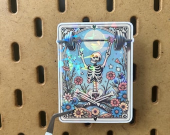 Barbell Skeleton Tarot Card Holographic Sticker | Waterproof Workout Sticker