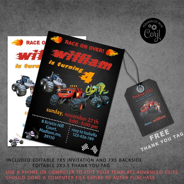 Blaze and Monster Machines birthday Invitation, Monster Truck , 5x7 Printable Personalized Digital File for Party, With free thank you tag