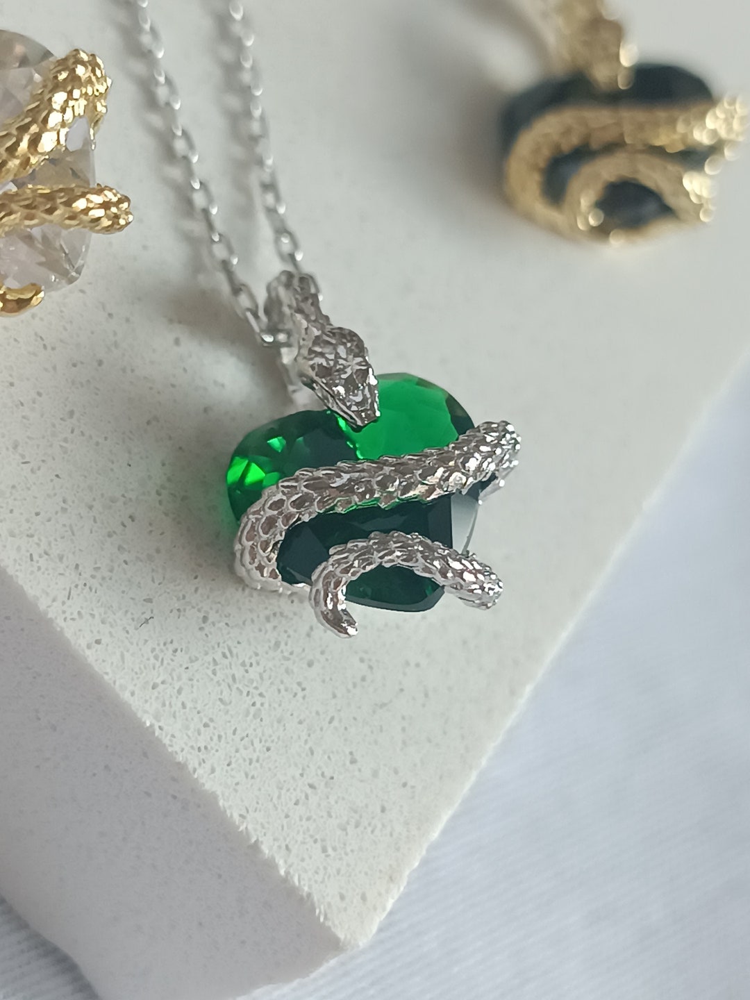 Snake Necklace, Snake, Green Zircon Stone Coiled Snake Necklace, Heart