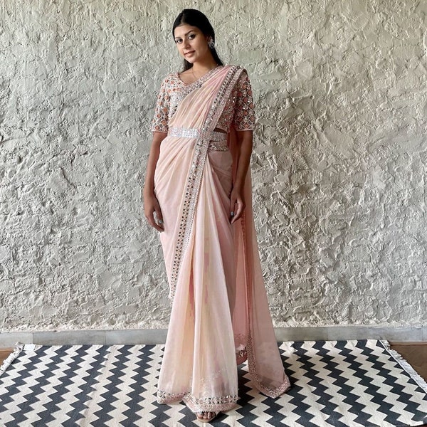 Ready To Wear Wrap In One Minute Full Stitched Pleated Saree Paired With Custom Stitch Blouse, Easy Drape Saree,Pre Stitched Pleated Saree