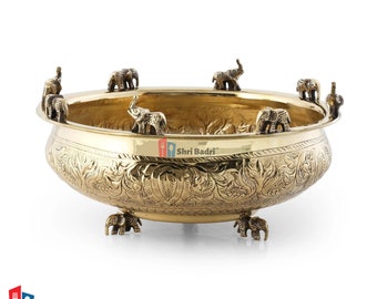 Pure Brass Handcrafted Urli With Unique Elephant Design -Best for home decor, pooja room, office