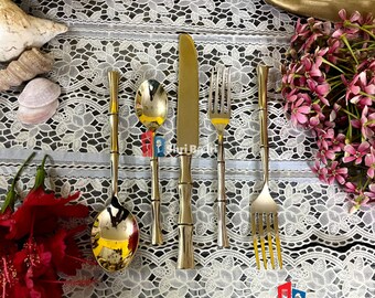 Handmade Pure Brass Cutlery Set Of 5 Pcs- with Unique Vintage Royal Bamboo Design Handle