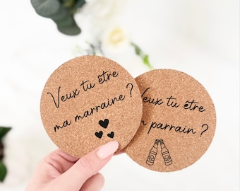 Juego de 2 posavasos de corcho - Propuesta a futuros padrinos/madrinas, anuncio de padrinos/madrinas, posavasos personalizado, anuncio personalizado