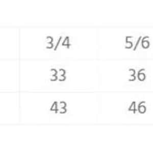 K&ouml;nnte beinhalten: Gr&ouml;&szlig;entabelle f&uuml;r ein Kleidungsst&uuml;ck mit Ma&szlig;en in Zentimetern. Die Tabelle zeigt die Ma&szlig;e f&uuml;r die Gr&ouml;&szlig;en 1/2, 3/4, 5/6, 7/8, 9/11 und 12/14. Die Ma&szlig;e sind mit "A" und "B" gekennzeichnet.