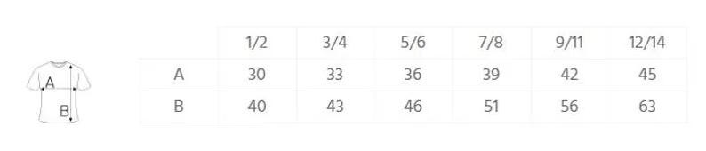 K&ouml;nnte beinhalten: Gr&ouml;&szlig;entabelle f&uuml;r ein Kleidungsst&uuml;ck mit Ma&szlig;en in Zentimetern. Die Tabelle zeigt die Ma&szlig;e f&uuml;r die Gr&ouml;&szlig;en 1/2, 3/4, 5/6, 7/8, 9/11 und 12/14. Die Ma&szlig;e sind mit "A" und "B" gekennzeichnet.
