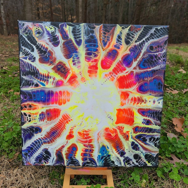 Combustion (2022)-ORIGINAL-Original abstract acrylic pour painting on stretched canvas, colorful rainbow electric static explosion burst