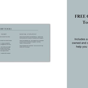 May include: A digital guide titled "FREE Content Audit Tools Guide" with a light gray background. The guide lists tools for competitive and social content audits. The text includes website addresses and a description of the tools.