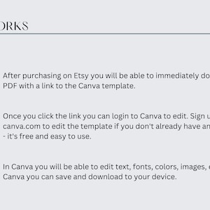 May include: Graphic with the title "HOW IT WORKS" and numbered steps. Step 1: Download a PDF from Etsy. Step 2: Click the link to edit in Canva. Step 3: Edit text, fonts, and images in Canva.