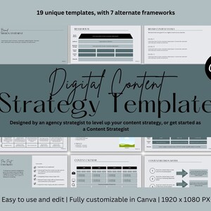 Puede incluir: Una plantilla de estrategia de contenido digital con 19 plantillas únicas y 7 marcos alternativos. La plantilla está diseñada para ayudar a los usuarios a mejorar su estrategia de contenido. El logotipo de Canva es visible. El texto en la imagen incluye "Digital Content Strategy Template".