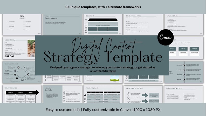 May include: A digital content strategy template with 19 unique templates and 7 alternate frameworks. The template is designed to help users level up their content strategy. The Canva logo is visible. Text on the image includes "Digital Content Strategy Template".