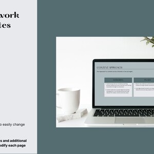 May include: A laptop displays a Canva template with the text "Content Approach". The image also shows a white mug, a plant, and a list of 19 framework templates, including "Table of Contents" and "Brand Mission Statement".