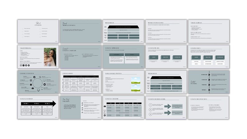 May include: A collection of presentation slides with a minimalist design. The slides feature a light gray and white color scheme, with text and graphics. The slides cover various topics, including content strategy and planning.