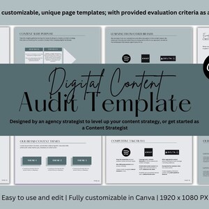 Könnte beinhalten: Eine digitale Content-Audit-Vorlage, die für Agenturen und Content-Strategen entwickelt wurde. Die Vorlage umfasst neun anpassbare Seiten mit Bewertungskriterien und einem Canva-Logo. Der Text "Digital Content Audit Template" ist in einer stilisierten Schriftart geschrieben.