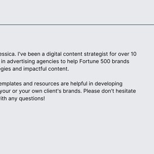 May include: A light gray graphic with the words "ABOUT ME" at the top. The text below introduces Jessica, a digital content strategist, and her experience. A black heart graphic is in the lower left corner.