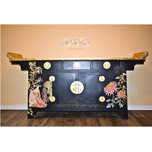 Elegant Hand Painted Oriental Asian Inspired Black Sideboard Gold Accents & Floral Motif | Vintage Oriental Cabinet