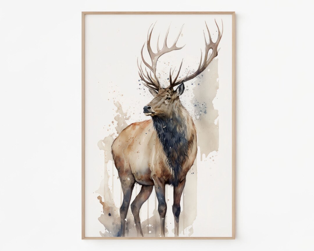 Printable Wall Art, Watercolor Elk Art, Minimalist Art, Animal Portrait, Art Prints