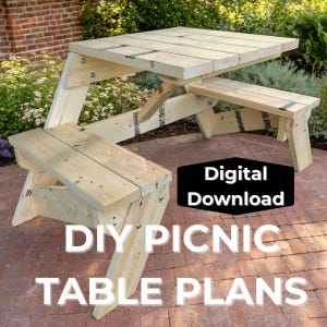 May include: A light-colored wooden picnic table with attached benches. The table and benches are made of planks and are connected with metal hinges and bolts. The image includes the text "Digital Download" and "DIY PICNIC TABLE PLANS".