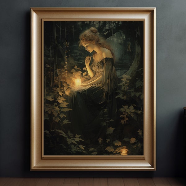 Forest princess Vintage Poster, Art Poster Print, Dark Academia, Gothic Victorian digital poster, botanical decor print, halloween