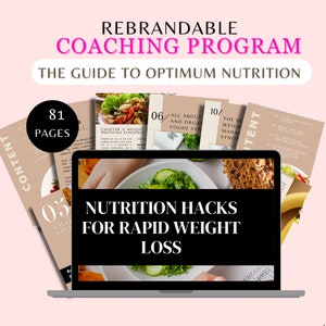 May include: A laptop computer screen displaying the text "Nutrition Hacks for Rapid Weight Loss". The screen is surrounded by pages of a coaching program guide with the text "The Guide to Optimum Nutrition" and "81 Pages".
