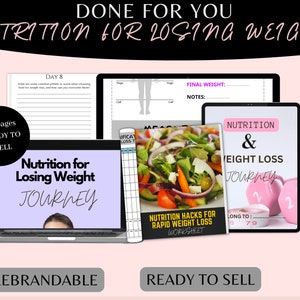 May include: A digital product mockup for a nutrition and weight loss journey. The mockup shows a laptop with a pink and purple design, a worksheet with a salad image, and a tablet with a pink and white design. The text on the laptop says "Nutrition for Losing Weight Journey". The text on the worksheet says "Nutrition Hacks for Rapid Weight Loss Worksheet". The text on the tablet says "Nutrition & Weight Loss Journey".
