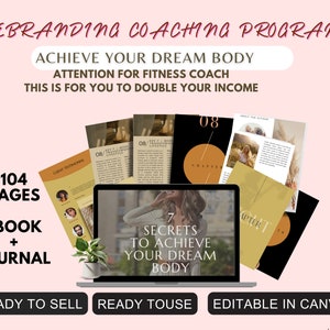 Könnte beinhalten: Eine digitale Marketinggrafik mit dem Text "REBRANDING COACHING PROGRAM" und "ACHIEVE YOUR DREAM BODY". Sie enthält einen Laptop, der ein E-Book-Cover anzeigt, mehrere Seiten und die Worte "104 PAGES EBOOK + JOURNAL". Die Grafik besagt auch "READY TO SELL" und "EDITABLE IN CANVA".