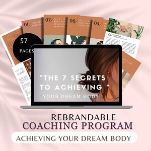 Könnte beinhalten: Ein Laptop-Bildschirm zeigt den Text "The 7 Secrets to Achieving Your Dream Body" mit dem Gesicht einer Frau im Hintergrund. Der Laptop ist von Seiten eines Coaching-Programms umgeben, mit dem Text "Rebrandable Coaching Program Achieving Your Dream Body" am unteren Rand des Bildes.