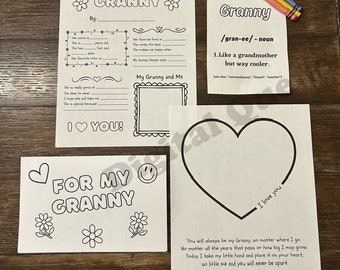Todo sobre el paquete Grandma: el conjunto imprimible incluye una tarjeta para colorear, un cuestionario, una cita y un poema con huellas de manos. Ideal para el Día de la Madre, cumpleaños.