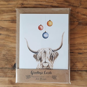 carte de voeux | Paquet de 4 | Boules de Noël vache Highland | Noël | Sans plastique | Respectueux de l'environnement et biodégradable | Ensemble.