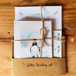 Conjunto de presente para escrever cartas | Tema Puffin | Qualquer ocasião | Papel reciclado | Sem plástico | Escrita ecológica e biodegradável | Minimalista.