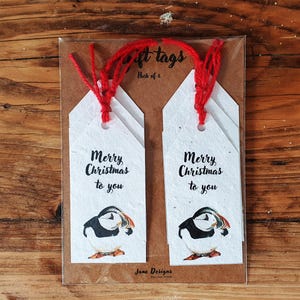 Etiquettes cadeaux | Macareux moine | Paquet de 6 | Papier semences | Nature | Joyeux Noël | Ficelle de jute | Sans plastique | Respectueux de l'environnement et biodégradable.