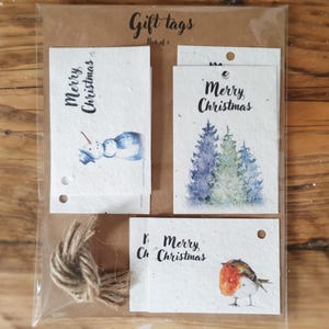 Etiquettes cadeaux | Paquet de 6 | Bonhomme de neige | Sapin de Noël | Robin | Ficelle de jute | Sans plastique | Respectueux de l'environnement et biodégradable | Ensemble.